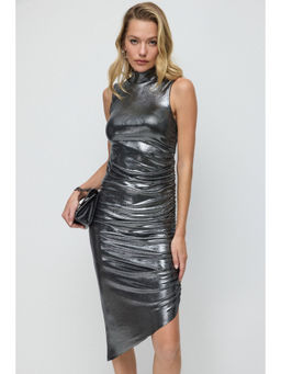 No Matter What - Grey Ruched Shiny Fabric Dress