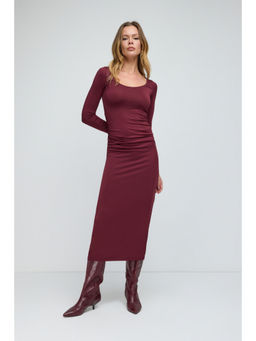 No Matter What - Maroon Side Ruched Stretch Midi Dress