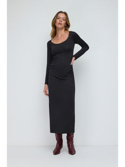 No Matter What - Black Side Ruched Stretch Midi Dress
