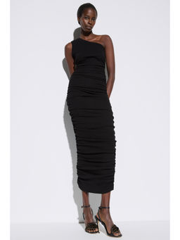 No Matter What - Black Single Sleeve Long Ruched Midi Dress