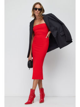 No Matter What - Red Strapless Fitted Midi Dress