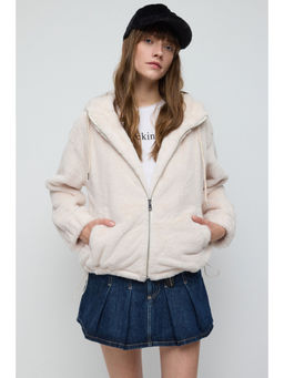 No Matter What - Off White Zipper Fleece Hooded Jacket