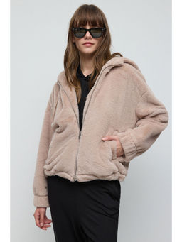 No Matter What - Beige Zipper Fleece Hooded Jacket