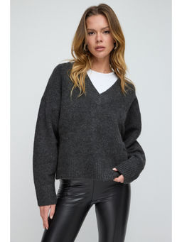 No Matter What - Dark Grey V Neck Knitted Loose Jumper Sweater