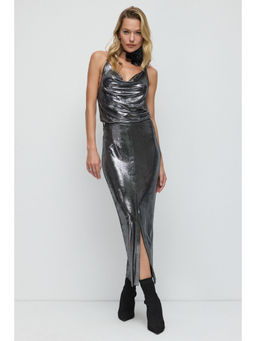 No Matter What - Grey Metallic Flute Styled Midi Skirt