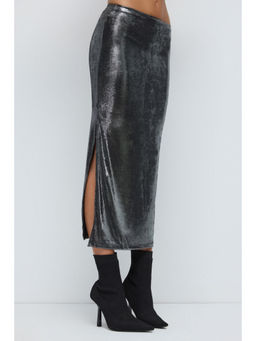 No Matter What - Grey Metallic Side Slit Midi Skirt