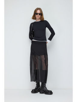 No Matter What - Black Mesh Side Slit Midi Skirt