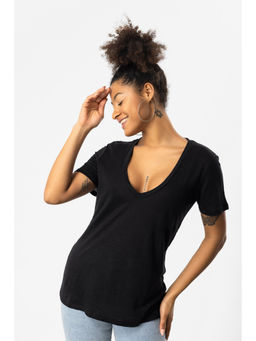No Matter What - Black V-Neck Basic Linen T-Shirt