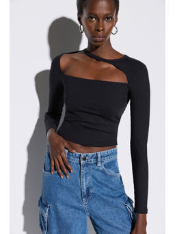 No Matter What - Black Asymmetric Fitted Crop Top