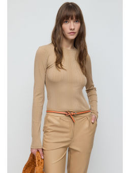 No Matter What - Beige Long Sleeve Round Neck Ribbed Slim Fitted Top