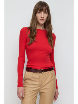 No Matter What - Red Long Sleeve Round Neck Ribbed Slim Fitted Top