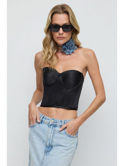 No Matter What - Black Satin Underwire Corset Crop Top