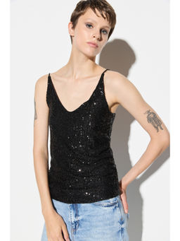 No Matter What - Black Sequinned V Neck Strappy Fitted Top