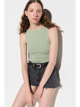 No Matter What - Olive Solid Sleeveless Fitted Halter Neck Tank Top