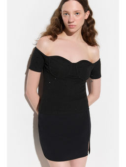 No Matter What - Black Ribbed Carmen Off Shoulder Top