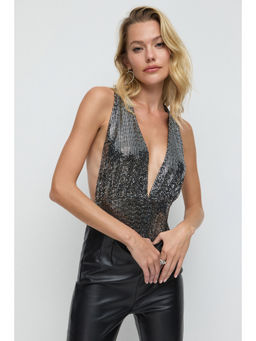 No Matter What - Silver Plunge Necked Cross-Back Shimmer Top
