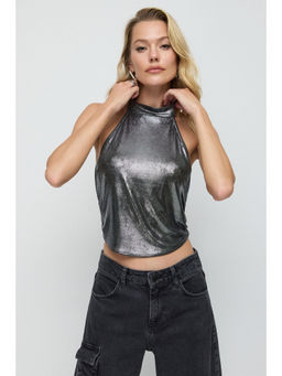 No Matter What - Silver Halter Neck Stretchy Shimmer Crop Top