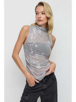 No Matter What - Grey Shimmer Sleeveless High Neck Mesh Top