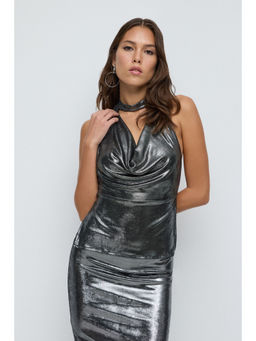 No Matter What - Silver Metallic Cowl Neck Backless Top