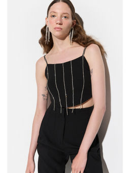 No Matter What - Black Shiny Stoned Crop Top