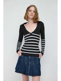 No Matter What - Black Semi Collared Full Sleeved Fitted Stripped Top