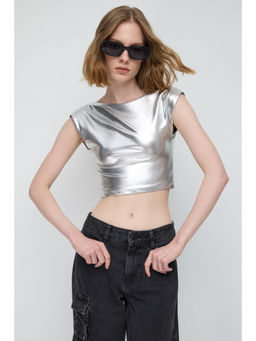 No Matter What - Silver Shiny Backless Basic Crop Top