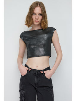 No Matter What - Black Twill Basic Shiny Backless Crop Top