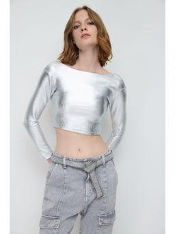 No Matter What - Silver Twill Basic Shiny Backless Crop Top