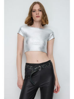 No Matter What - Silver Twill Basic Shiny Backless Crop Top