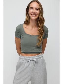 No Matter What - Olive Scoop Neck Fitted Crop Top