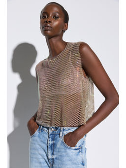 No Matter What - Beige Shiny Stone Detailed Mesh Crop Top