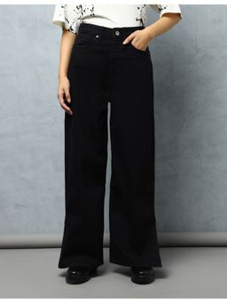 Flying Machine - Women Black Cotton Solid Wide Jeans