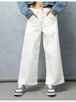 Flying Machine - Women White Cotton Solid Wide Jeans
