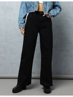 Flying Machine - Women Black Cotton Solid Wide Jeans