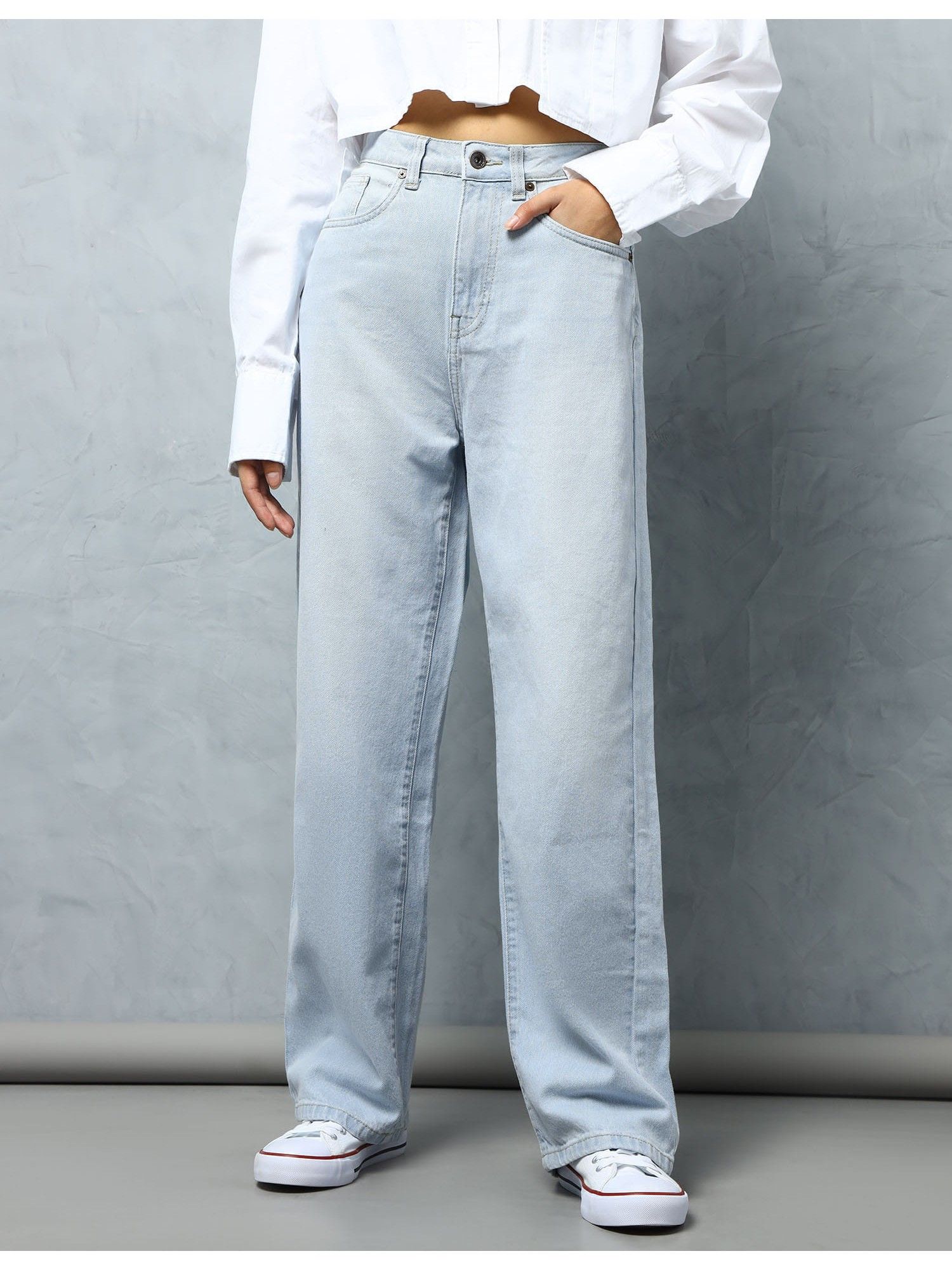 Women Blue Cotton Solid Straight Jeans-image-18