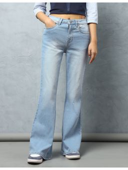 Flying Machine - Women Blue Cotton Solid Flared Jeans