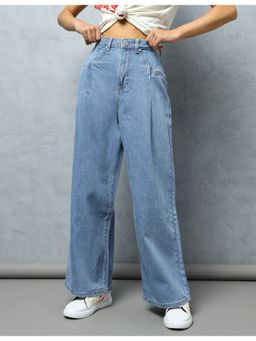 Flying Machine - Women Blue Cotton Solid Wide Jeans