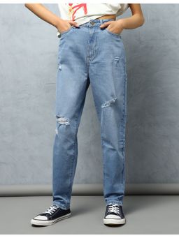 Flying Machine - Women Blue Cotton Solid Mom Jeans