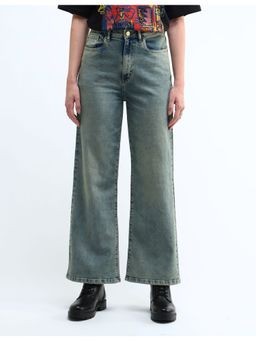 Flying Machine - Women Blue Cotton Solid Wide Jeans