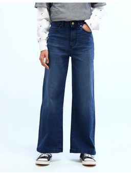 Flying Machine - Women Blue Cotton Solid Wide Jeans