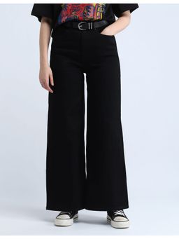 Flying Machine - Women Black Cotton Solid Wide Jeans