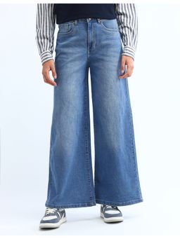 Flying Machine - Women Blue Cotton Solid Wide Jeans