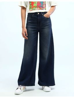Flying Machine - Women Blue Cotton Solid Wide Jeans