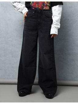 Flying Machine - Women Grey Cotton Solid Wide Jeans