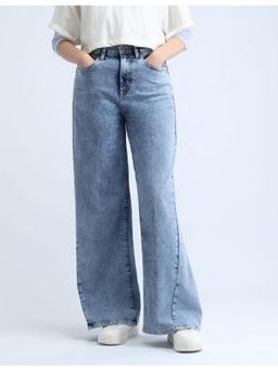 Flying Machine - Women Blue Cotton Solid Wide Jeans