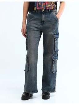 Flying Machine - Women Blue Cotton Solid Wide Jeans