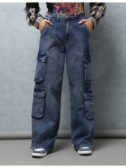 Flying Machine - Women Blue Cotton Solid Wide Jeans