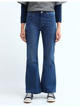 Flying Machine - Women Blue Cotton Solid Flared Jeans