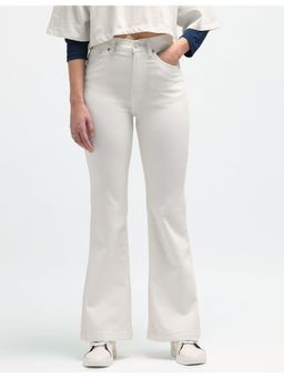Flying Machine - Women White Cotton Solid Flared Jeans