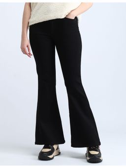 Flying Machine - Women Black Cotton Solid Flared Jeans